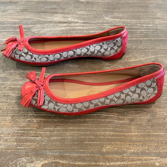 Coach Ballet Flats - Orange Leather w/ signature COACH Brown/Tan Canvas - Picture 4 of 7